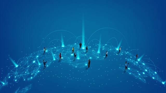 Global team linked through abstract data web, demonstrating future of business communication, digital strategy and network-driven innovation. Concept of networking. Collage with 8 models.