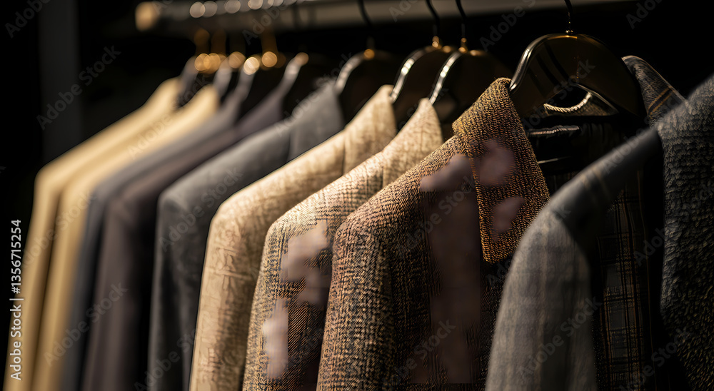 Poster elegant tailoring display: an array of finely tailored suits, each coat neatly hung on a sophisticat