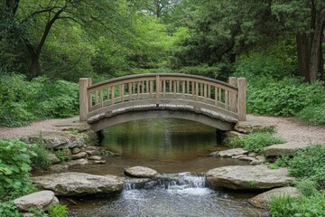 Wooden bridge arches over tranquil stream in a lush green park during springtime