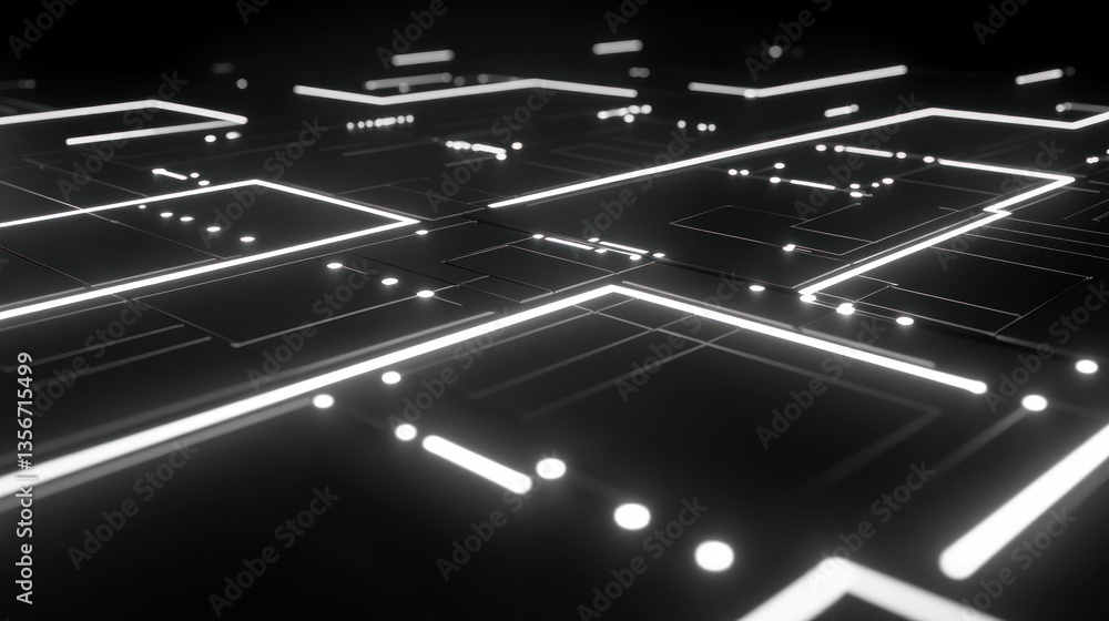 Poster abstract glowing circuit board pattern on dark background.