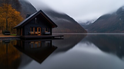 Fototapeta premium Tranquil cabin on a serene lake, nestled amongst autumnal mountains
