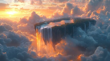 Enchanted floating island with glowing waterfalls high resolution photo