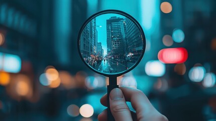 Urban exploration concept featuring cityscape through magnifying glass