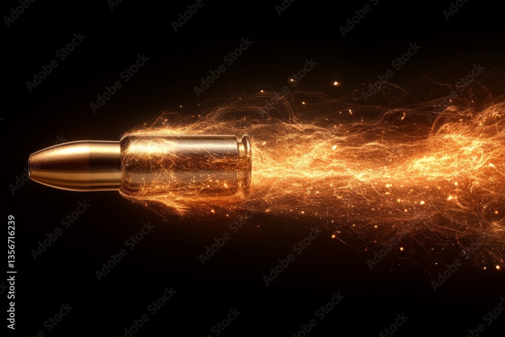 Poster bullet in motion with a trail of fire and sparks captured in a dark background during high-speed pho