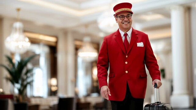 Elegant hotel bellman greeting guests in a luxurious lobby setting