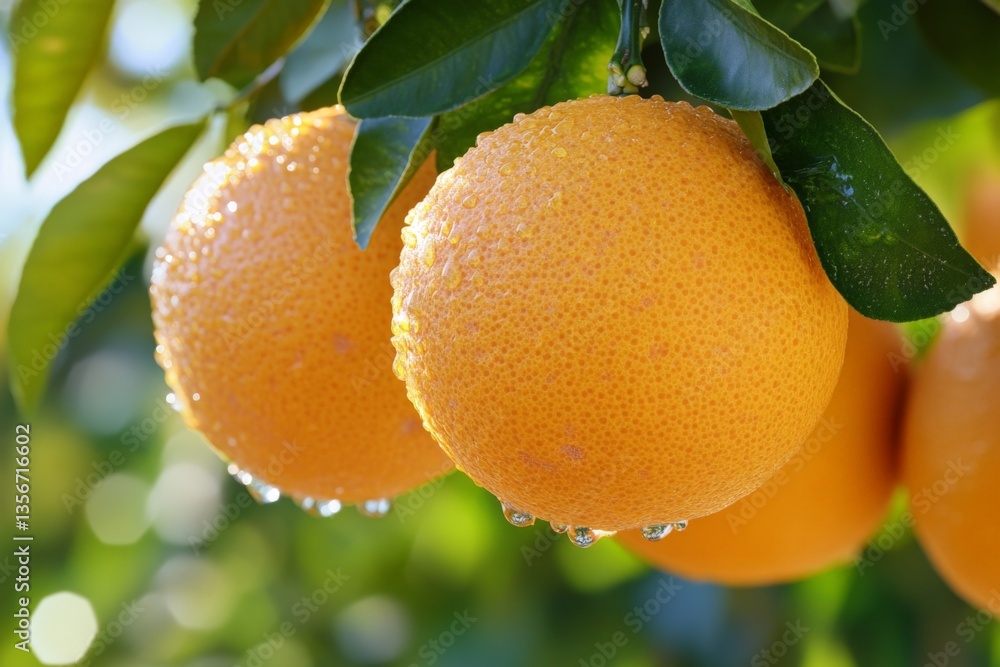 Poster fresh oranges hanging on a tree after a rain shower in a sunny orchard