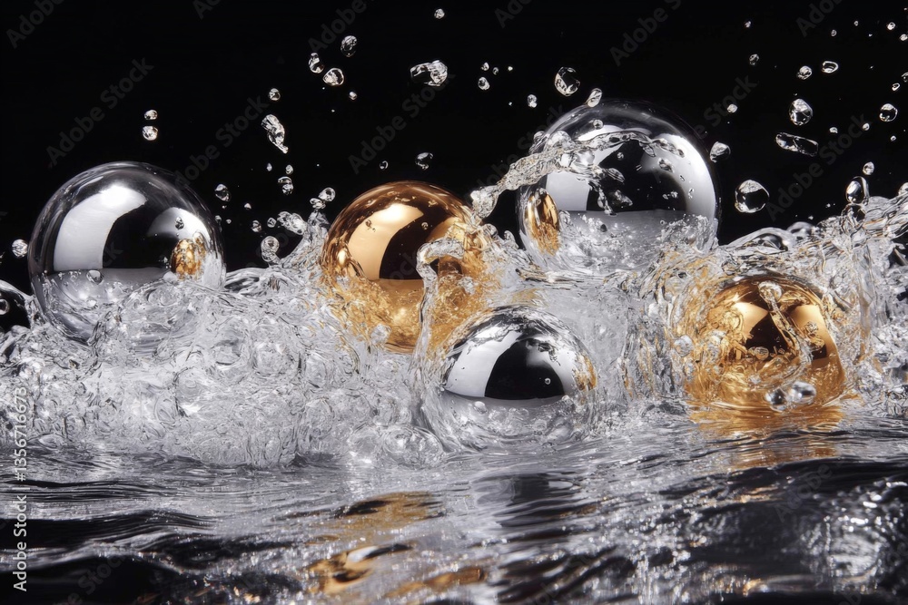 Poster shiny metallic spheres creating splashes in water against a dark background