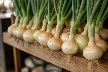 Freshly harvested green onions displayed on wooden shelves in a local market during the morning hours
