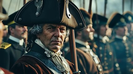 A scene from a revolutionary war reenactment, featuring historical costumes and battle formations.