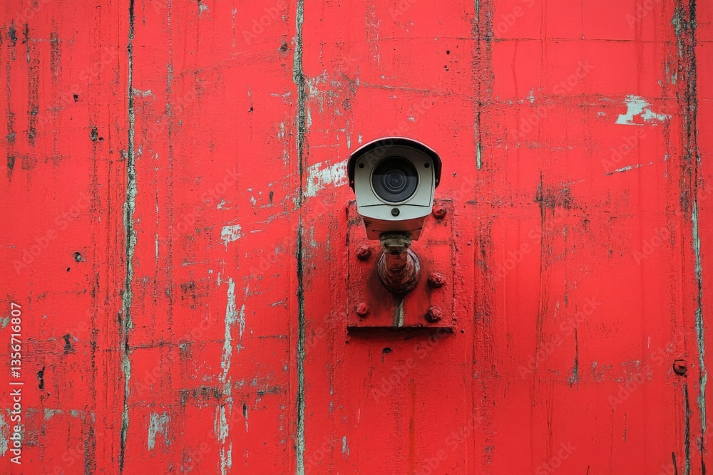 Poster security camera mounted on a weathered red wall in an urban environment highlighting surveillance te