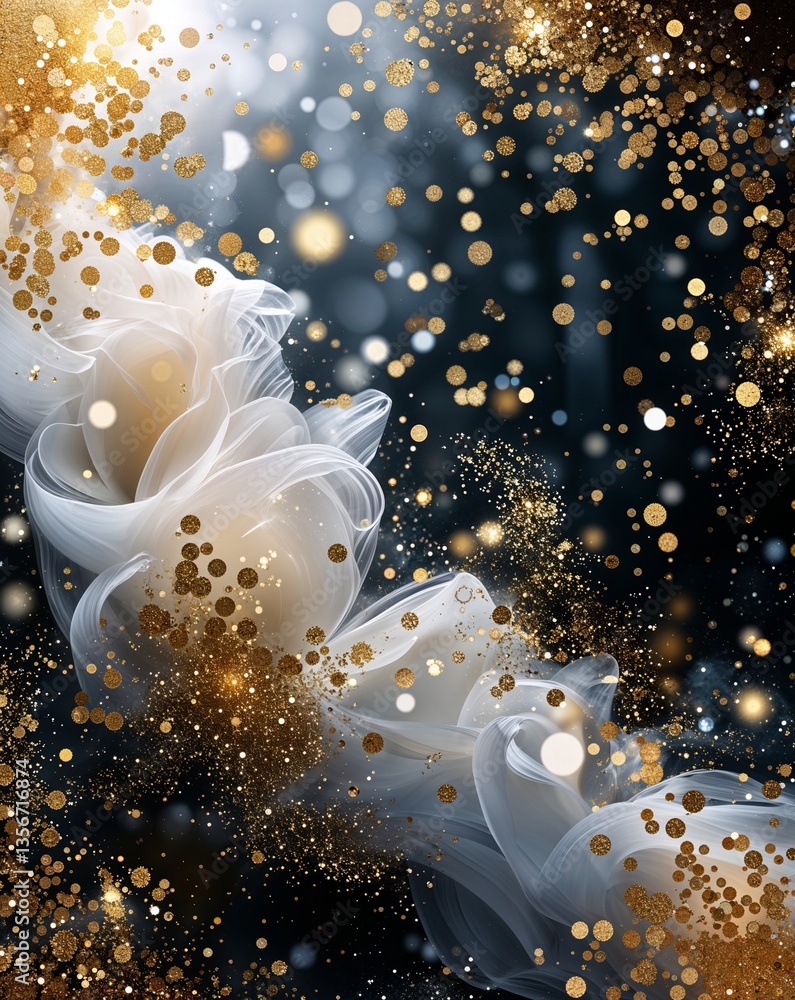 Aufkleber white with gold bokeh with glitters in dark abstract background for card or greeting template banner