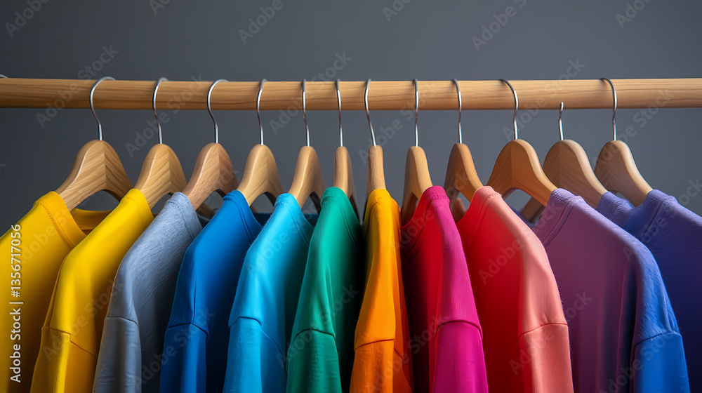 Poster rainbow display of sweaters: a vibrant collection of sweaters in an array of colors hangs neatly on 