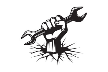 wrench fist mechanical  Black and White Vector
