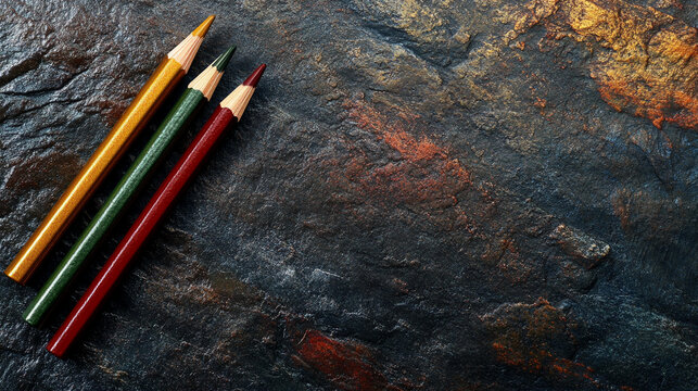 Three colored pencils, gold, green, and red, lie on a dark, textured stone surface, leaving ample free space for text or design, suggesting creativity and artistic potential