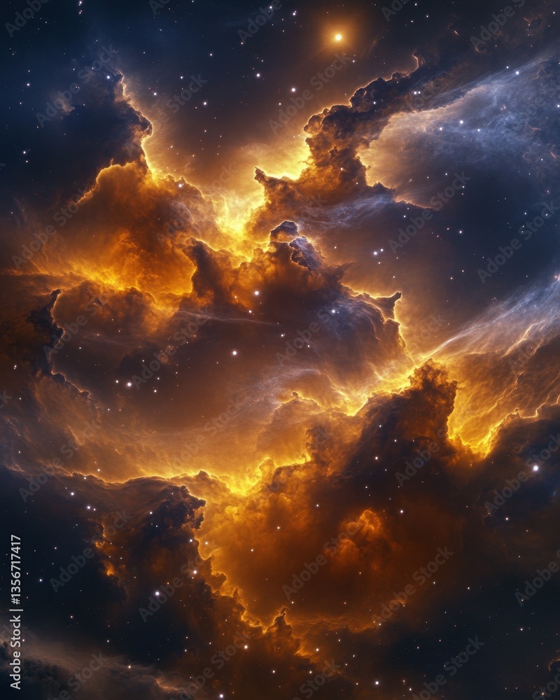 Poster ethereal nebula with golden light and cosmic dust creating a celestial spectacle of space exploratio