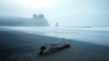 Low-angle view of misty beach footprints disappearing into morning fog at sunrise (Dreamy Seascape)