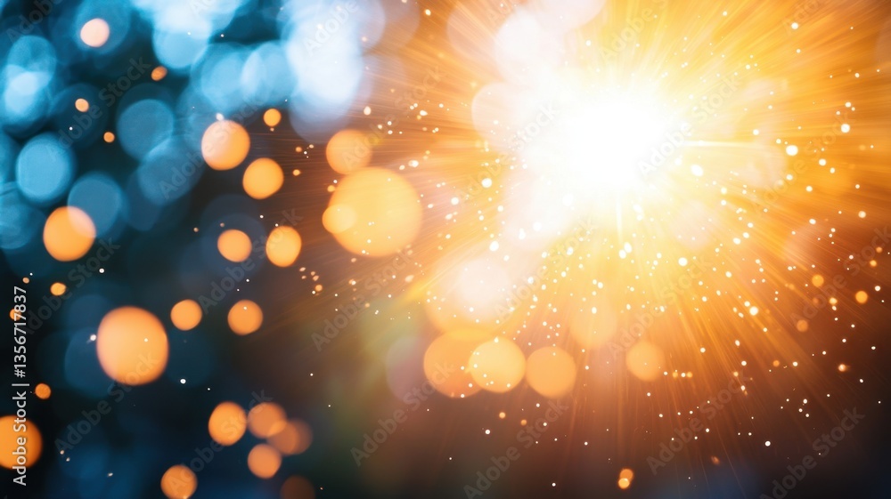 Poster golden a rays sun flare shining abstract background through light multitude of particles on a black 