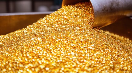 Extravagant accumulation of golden grains spilling from metallic container