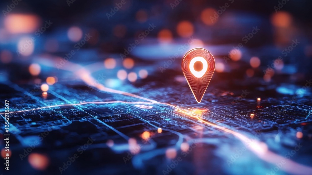 Poster luminous gps map location marker floating over high tech circuitry abstract background, representing