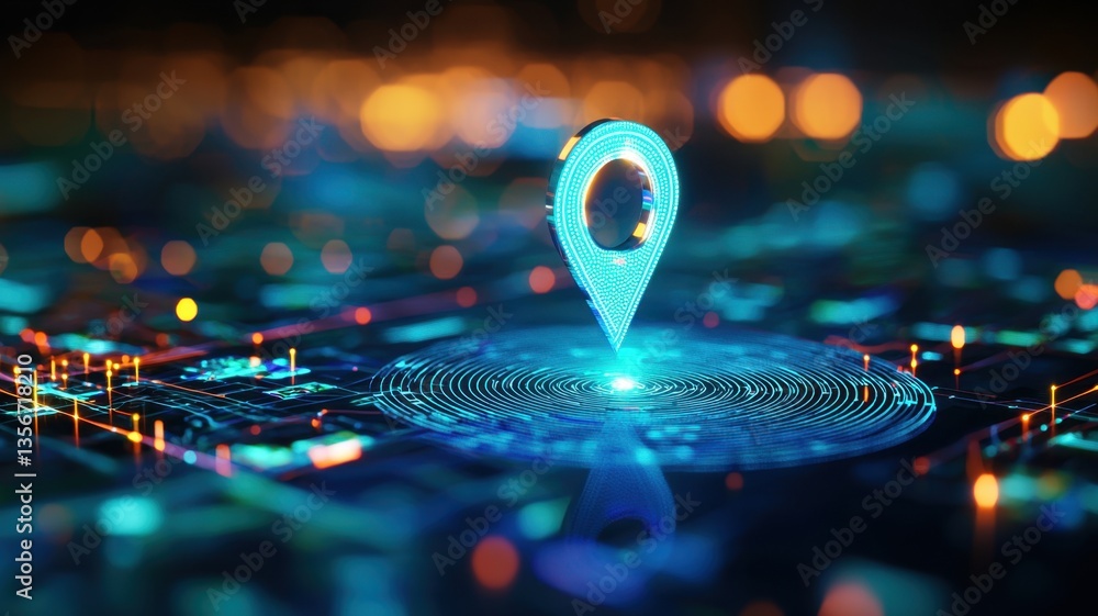Poster luminous geospatial map location marker floating over gps tech circuitry abstract background, repres
