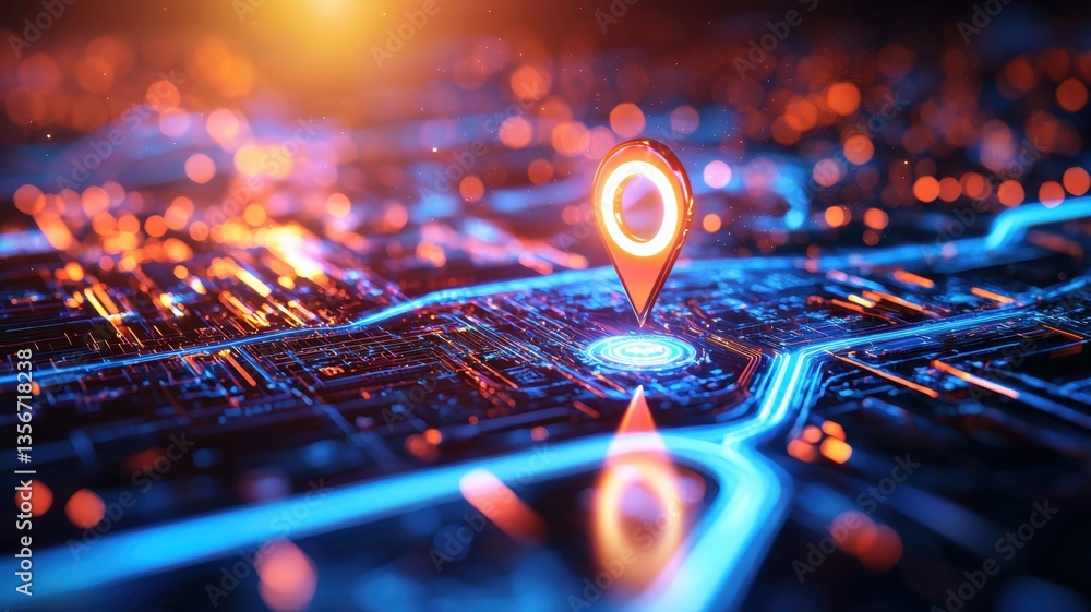 Poster luminous gps map location marker floating over high geospatial circuitry neon abstract background, r