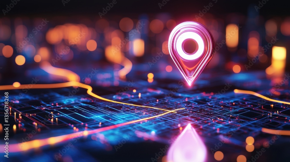 Poster luminous gps map location marker digital over high tech circuitry neon abstract background, represen