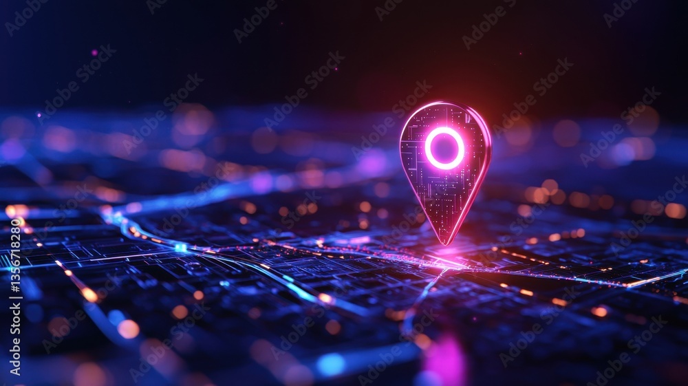 Poster luminous abstract map location marker floating over high tech circuitry neon gps background, represe