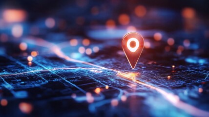 Luminous gps map location marker floating over high tech circuitry abstract background, representing geospatial navigation and digital tracking