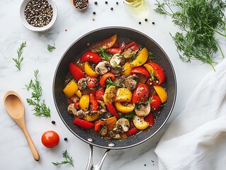 Delicious sauteed vegetables cooking in a frying pan on a table