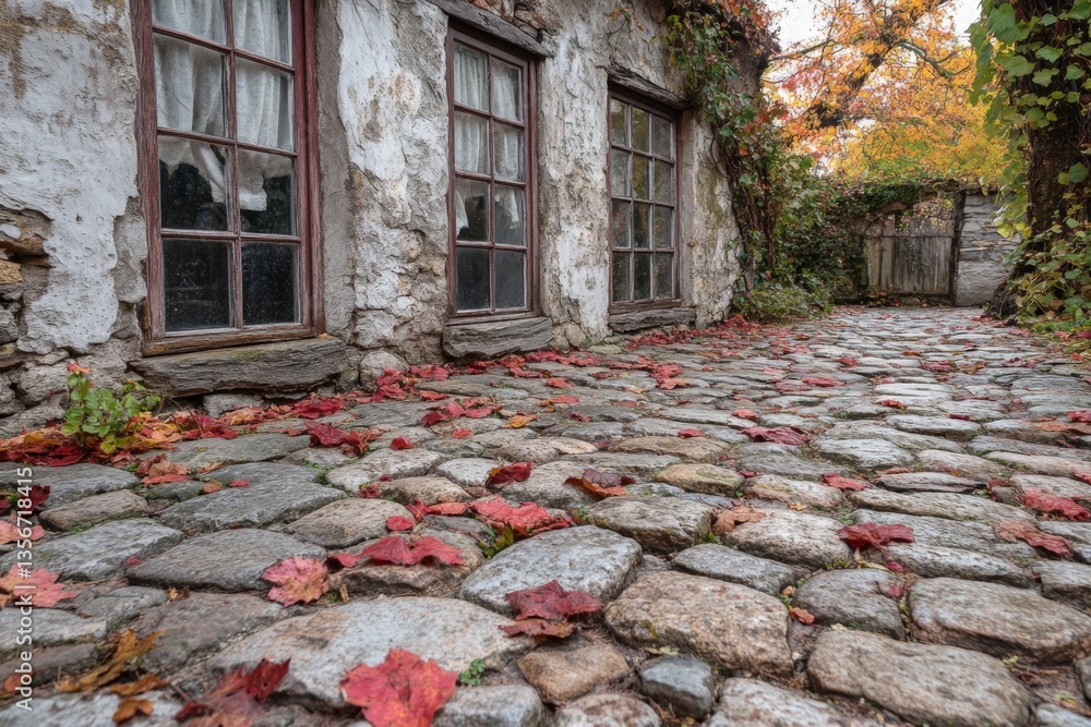 Poster Cobblestone pathway lined with autumn leaves beside rustic stone building in a serene village setting