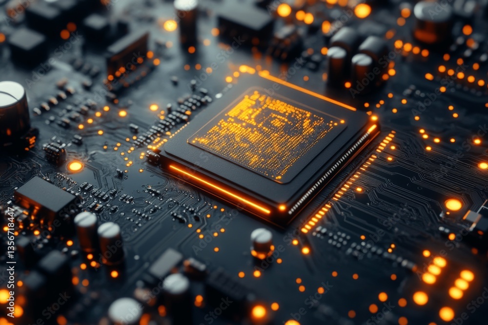 Aufkleber Close-up of a circuit board with glowing components showcasing intricate designs and advanced technology
