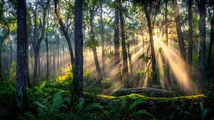 Obraz premium Sunlight piercing through ancient forest canopy creating mystical beams of light in misty woodland (Magical Forest)