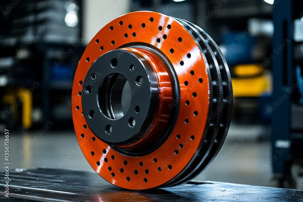 Aufkleber high-performance brake rotor in automotive workshop showcasing advanced engineering and design