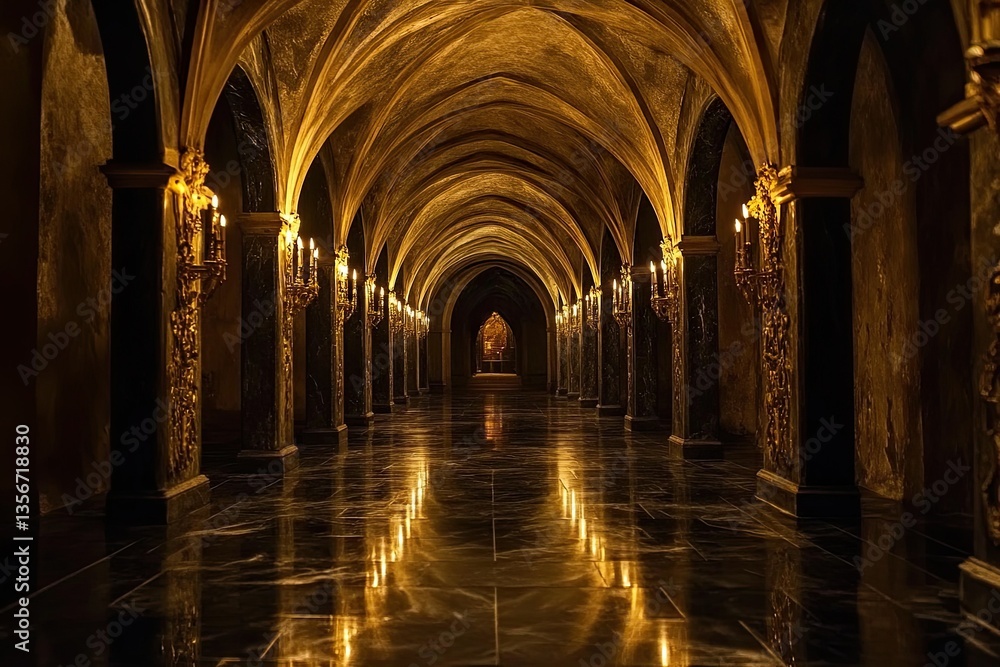 Poster illuminated corridor displaying majestic architecture with arches and illumination