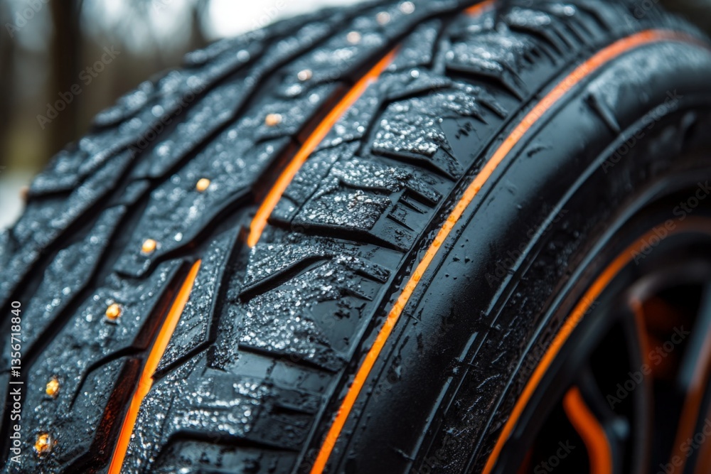 Poster Close-up view of a new tire with unique tread pattern and vibrant orange accents in a wet environment showcasing its performance features