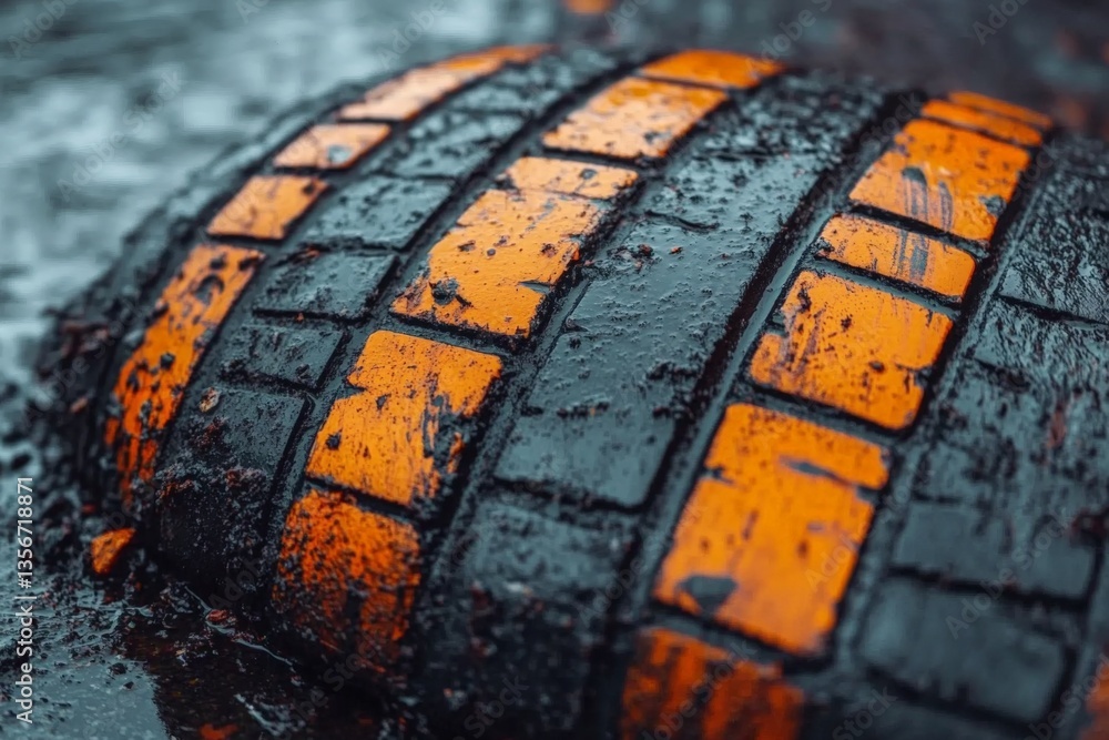 Poster close-up view of a worn tire tread showing detail and texture during a rainy day