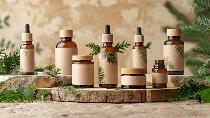 Naklejka premium Amber glass bottles filled with natural essential oils, nestled amongst lush greenery on rustic wood, exuding a sense of calm and organic luxury.