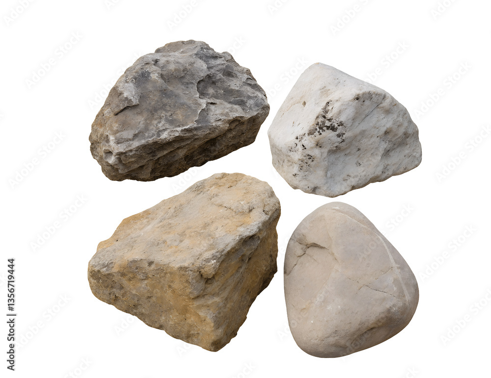 Poster set of realistic stones of various shapes, isolated on a transparent png background, showing smooth,