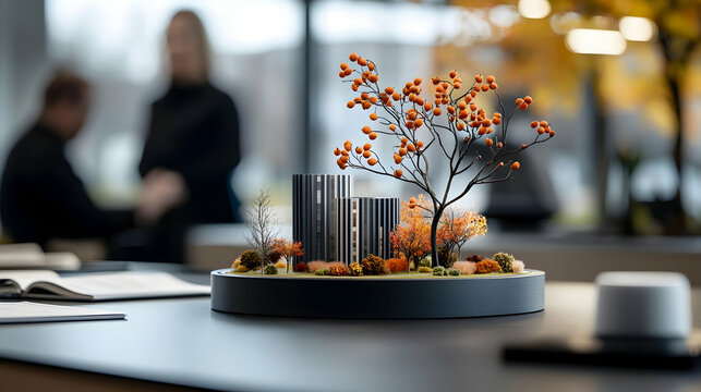 Miniature Autumnal Cityscape Model on a Desk