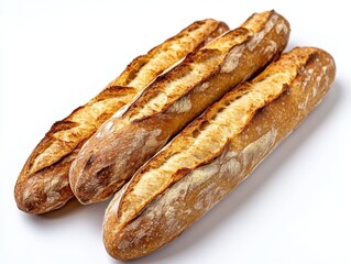Three artisanal baguettes on a white table surface capturing the essence of french baking tradition with a high angle shot and clean style