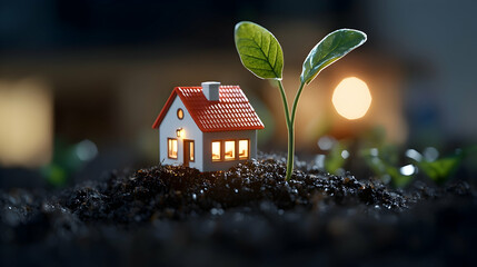 Miniature House and Sprout Emerging from Soil at Night