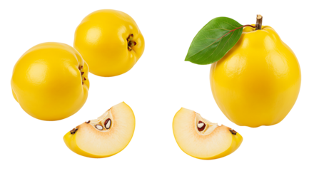 A sequence of fresh Quince displayed in four variations a whole Quince, an Quince cut in half revealing 
