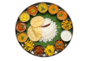 An authentic South Indian thali served on a steel plate with banana leaf base isolated on transparent background