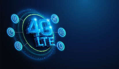 Lowpoly 4G LTE Communication Network With Lineart Icons. Abstract geometric illustration on fourth generation wireless mobile network connection technology concept by wireframe mesh on blue background