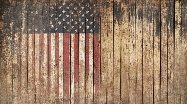 Weathered wood planks texture with faded American flag design, showcasing patriotism and rustic aesthetics, ideal for backgrounds or vintage designs