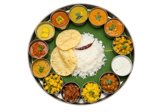 An authentic South Indian thali served on a steel plate with banana leaf base isolated on transparent background