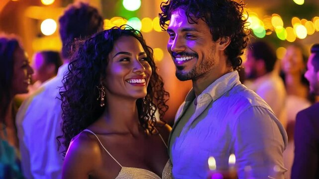 A vibrant salsa party with couples dancing and enjoying tropical cocktails.