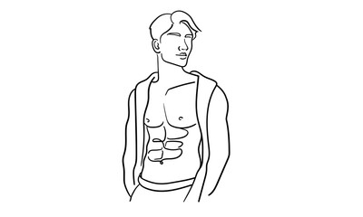 Man is a narcissist, admires himself on white background. Line art drawing. Sport guy model. Vector illustration
