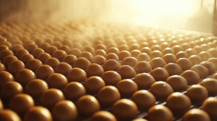 Fototapeta premium Rows of Fresh Brown Eggs on a Production Conveyor under Warm Light