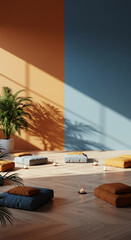 Fototapeta premium Tranquil meditation space with colorful cushions and plants 